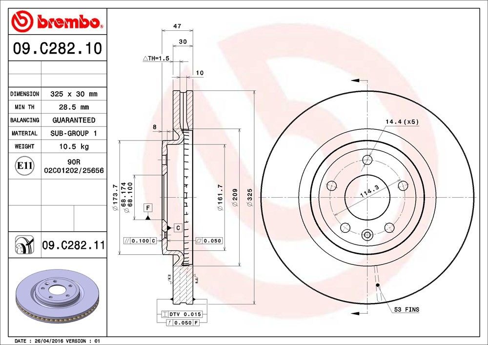 brembo disc brake rotor  frsport 09.c282.11