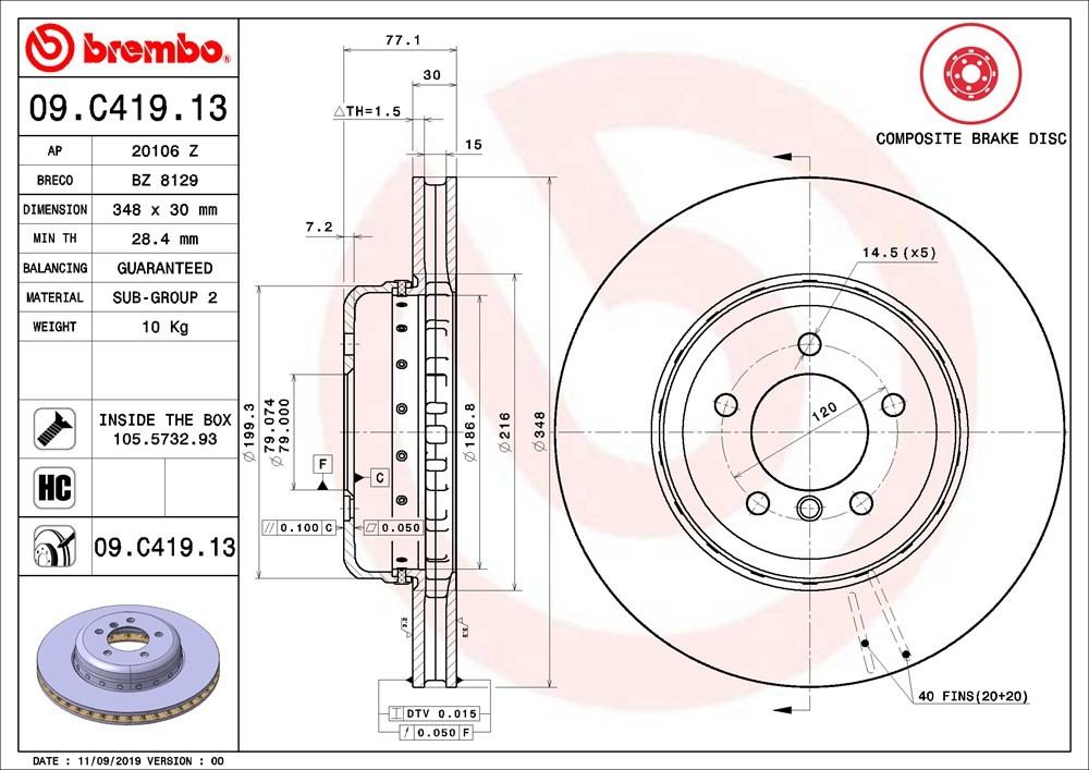 Brembo Disc Brake Rotor  top view frsport 09.C419.13