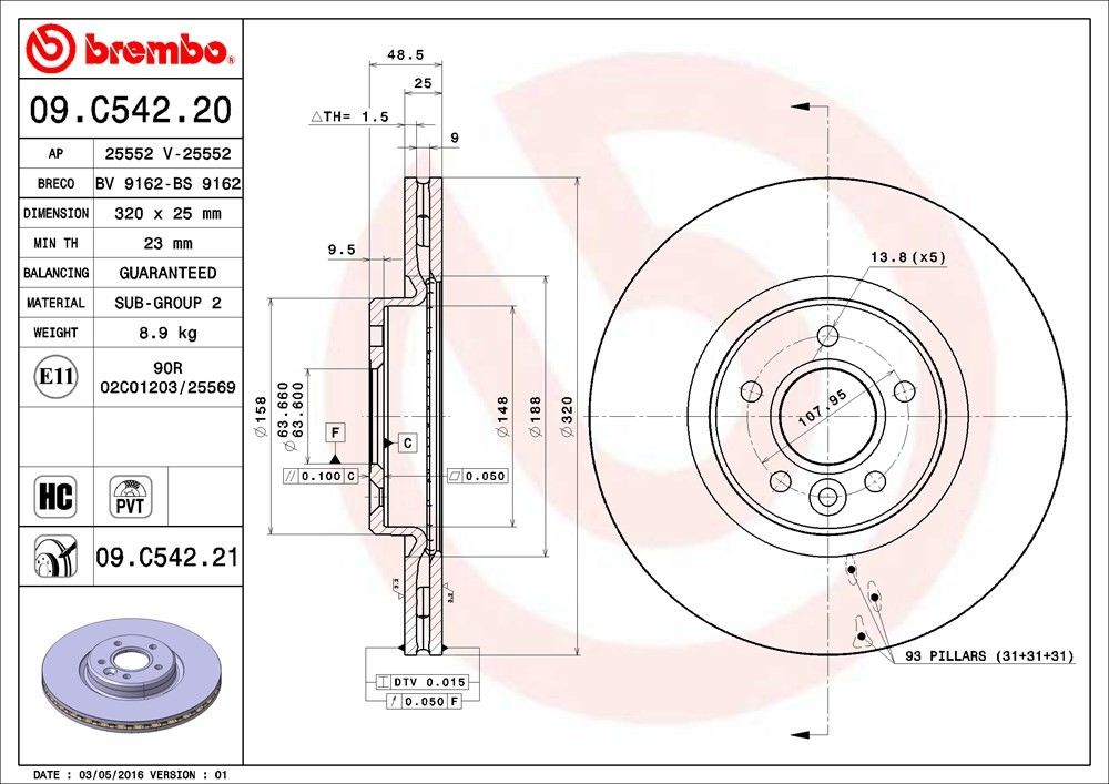 brembo disc brake rotor  frsport 09.c542.21