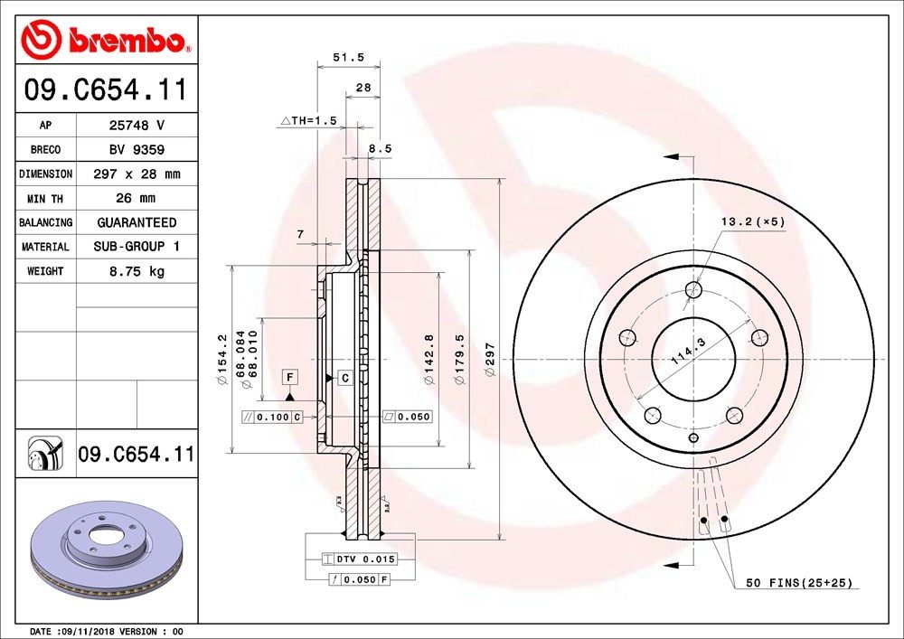 Brembo Disc Brake Rotor  top view frsport 09.C654.11