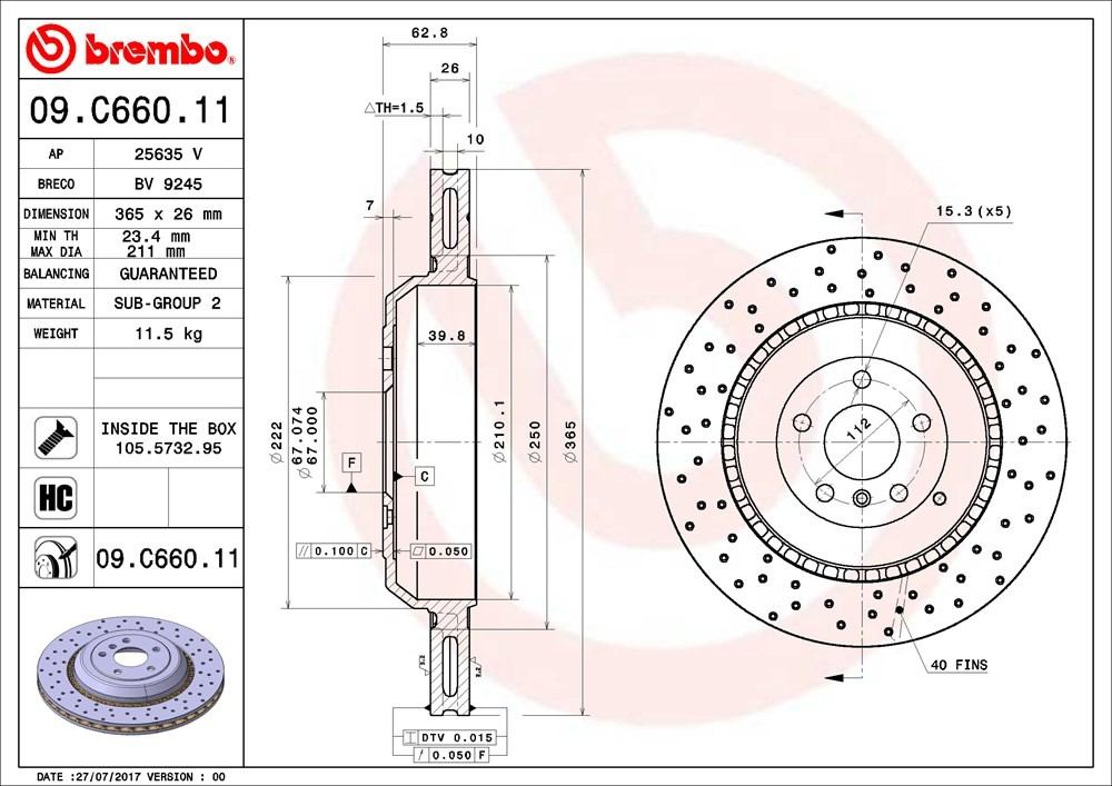 brembo disc brake rotor  frsport 09.c660.11