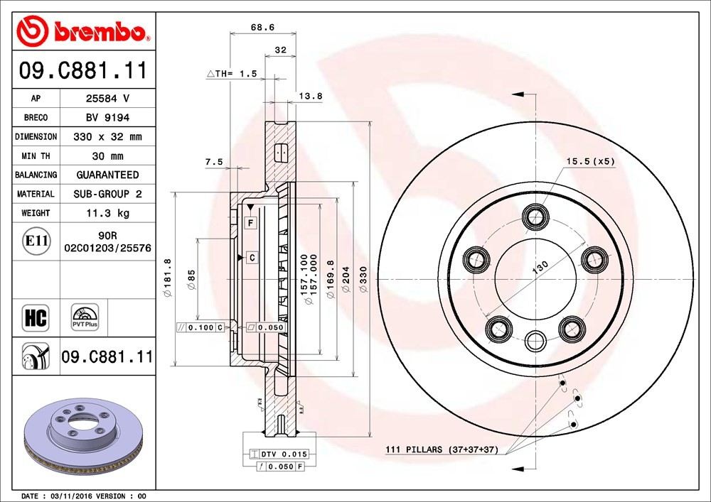 brembo disc brake rotor  frsport 09.c881.11