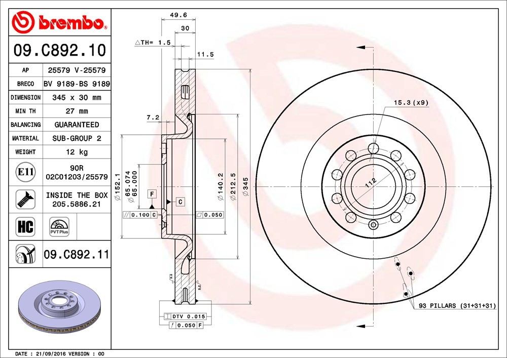 brembo disc brake rotor  frsport 09.c892.11