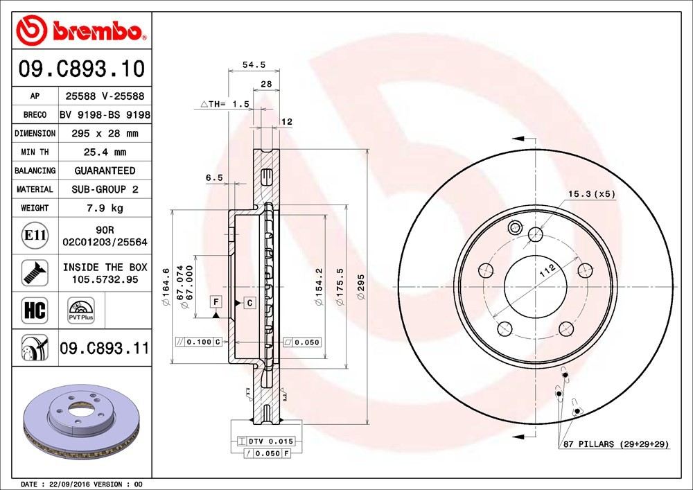 brembo disc brake rotor  frsport 09.c893.11