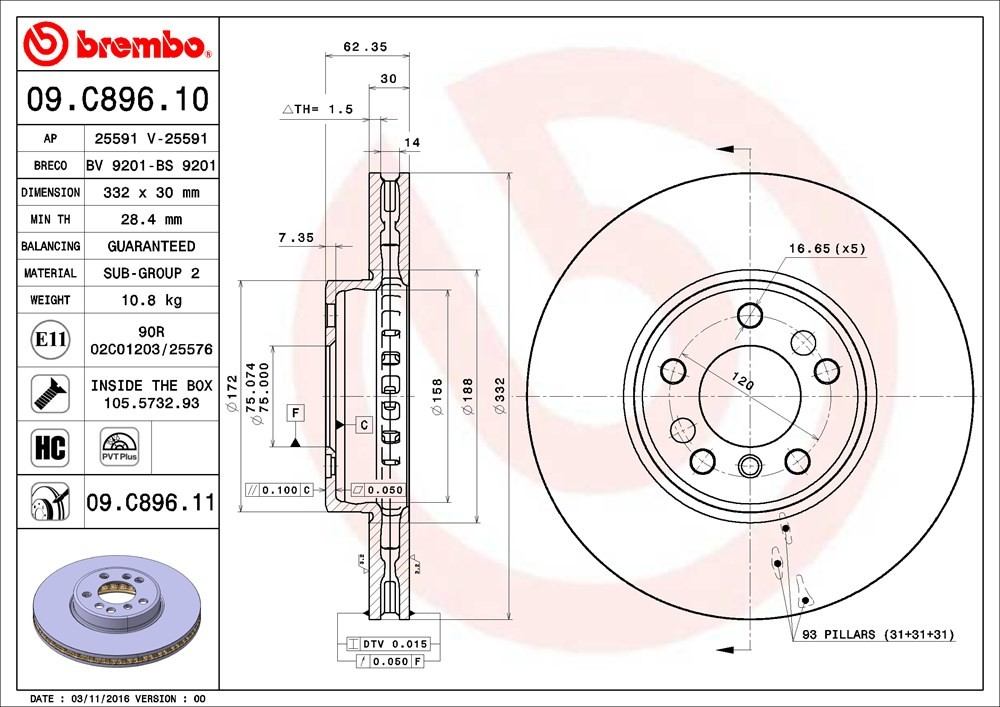 brembo disc brake rotor  frsport 09.c896.11