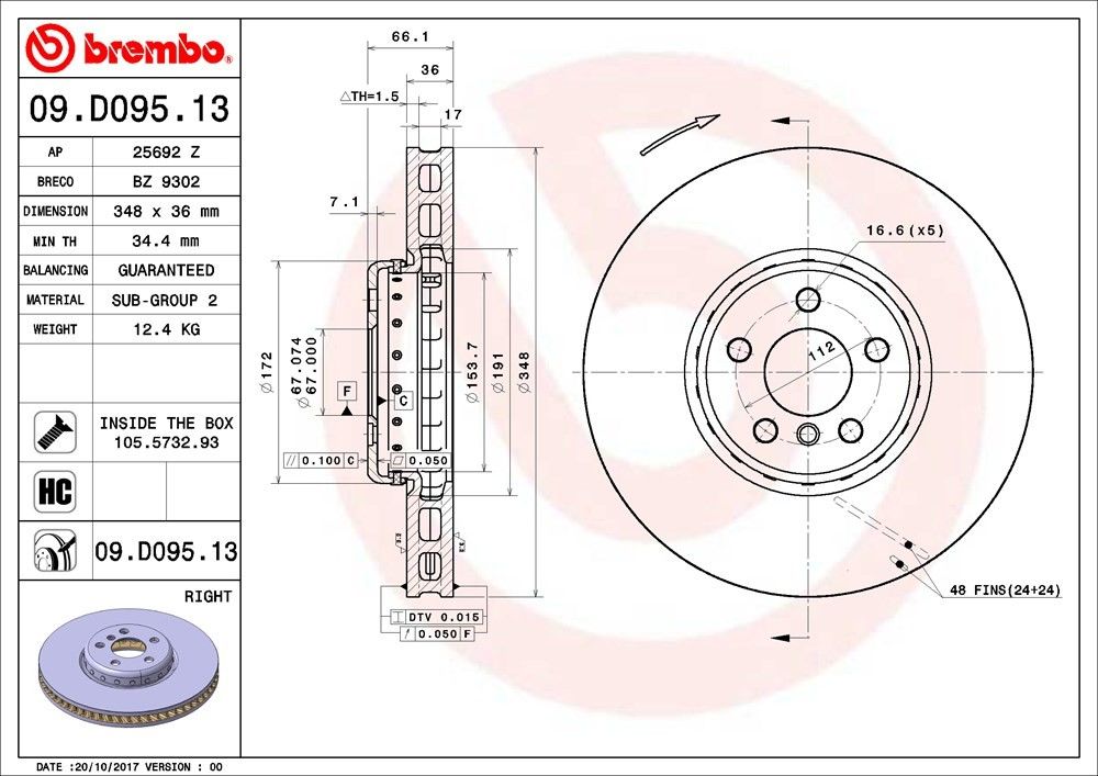 brembo disc brake rotor  frsport 09.d095.13