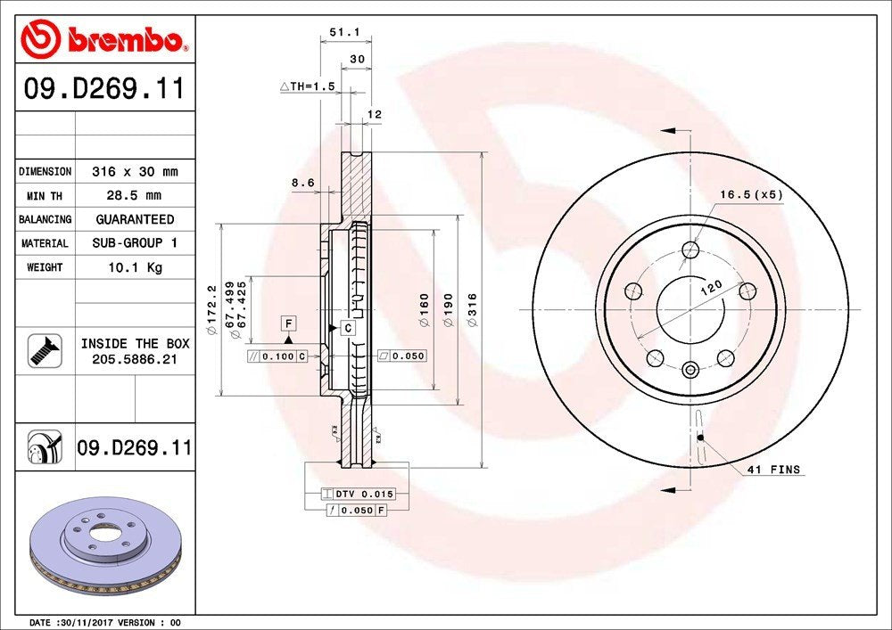 Brembo Disc Brake Rotor  top view frsport 09.D269.11