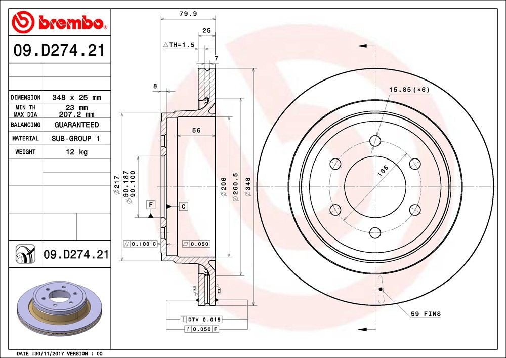 Brembo Disc Brake Rotor  top view frsport 09.D274.21