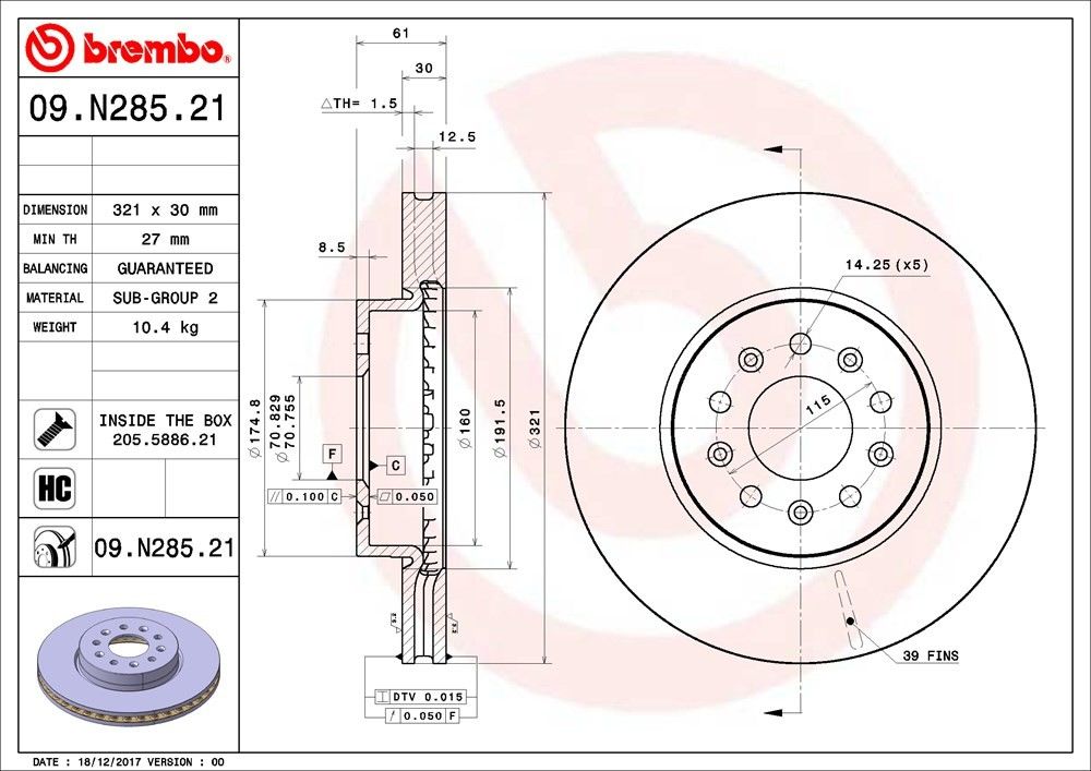 Brembo Disc Brake Rotor  top view frsport 09.N285.21