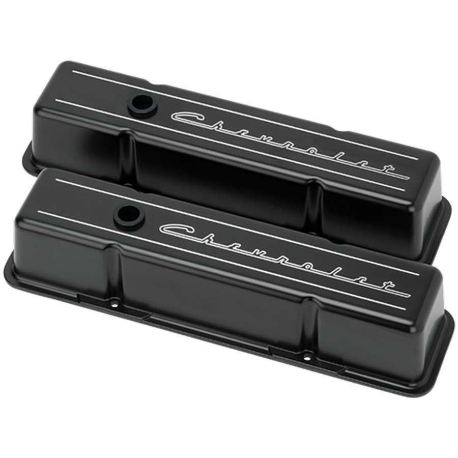 Billet Specialties SBC Tall Valve Covers Chevrolet Script Black BSPBLK95223