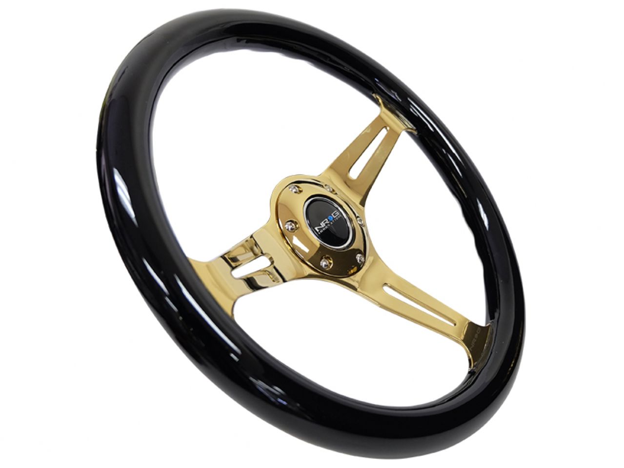 NRG Classic Wood Grain Wheel - 350mm 3 Chrome Gold Spokes - Black Grip