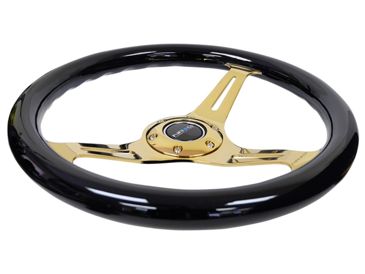 NRG Classic Wood Grain Wheel - 350mm 3 Chrome Gold Spokes - Black Grip