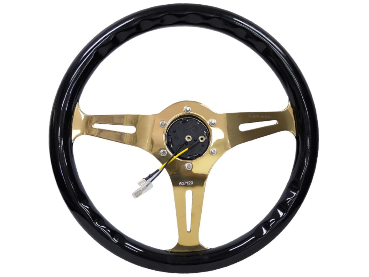 NRG Classic Wood Grain Wheel - 350mm 3 Chrome Gold Spokes - Black Grip