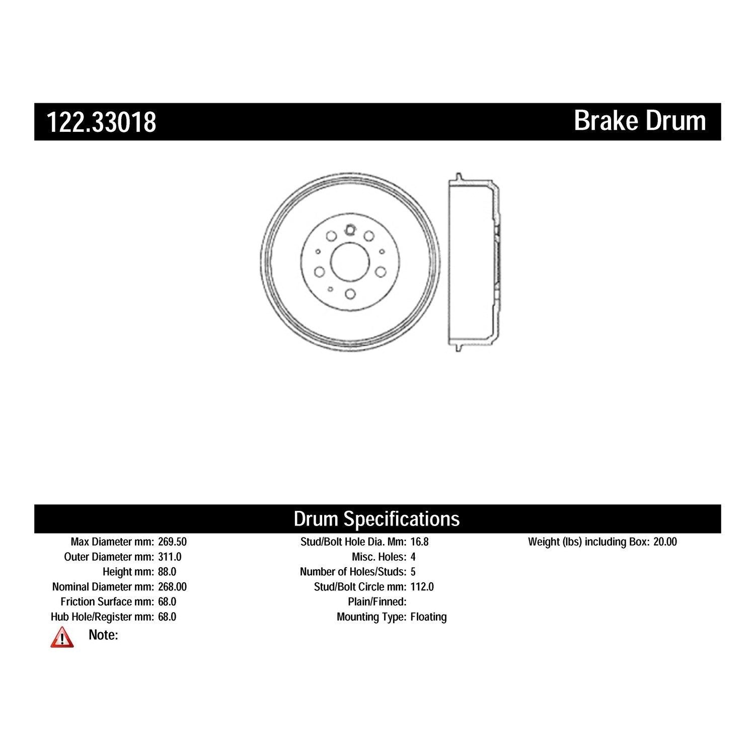 centric parts premium brake drum  frsport 122.33018