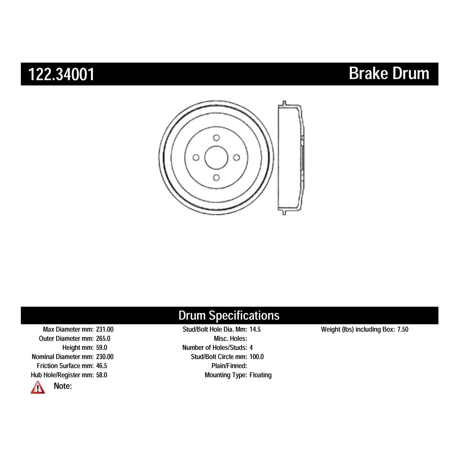 centric parts premium brake drum  frsport 122.34001