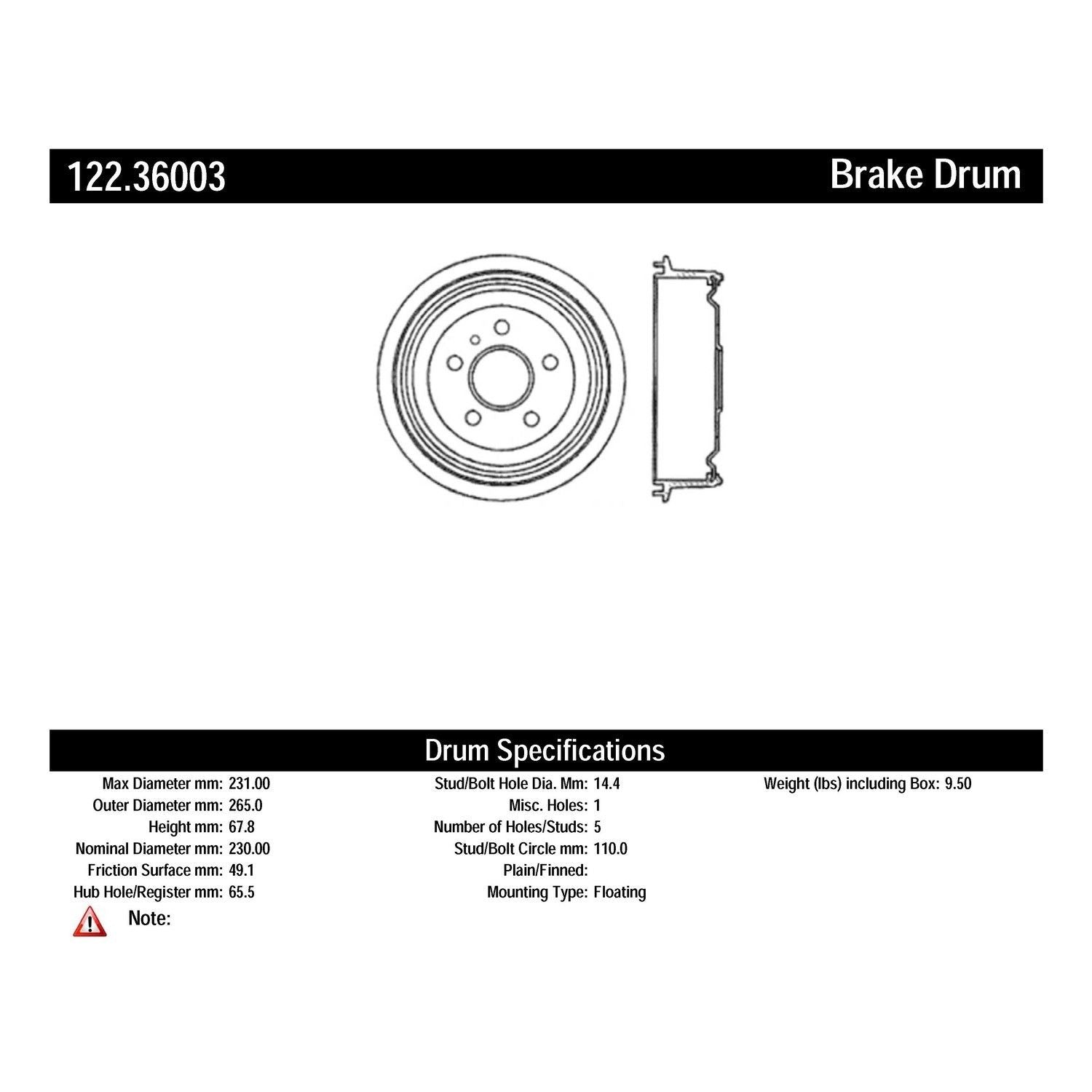 centric parts premium brake drum  frsport 122.36003