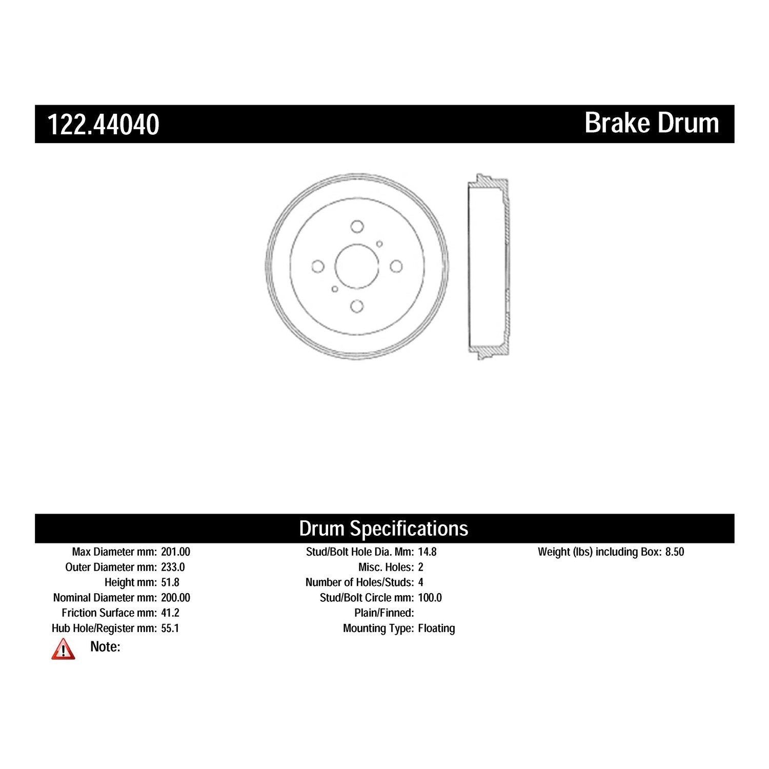 centric parts premium brake drum  frsport 122.44040