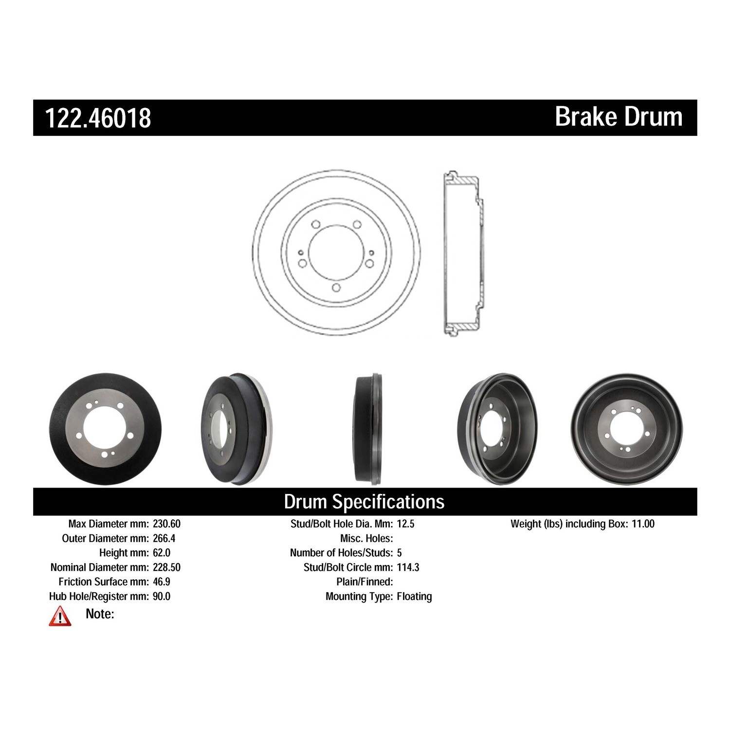 centric parts premium brake drum  frsport 122.46018