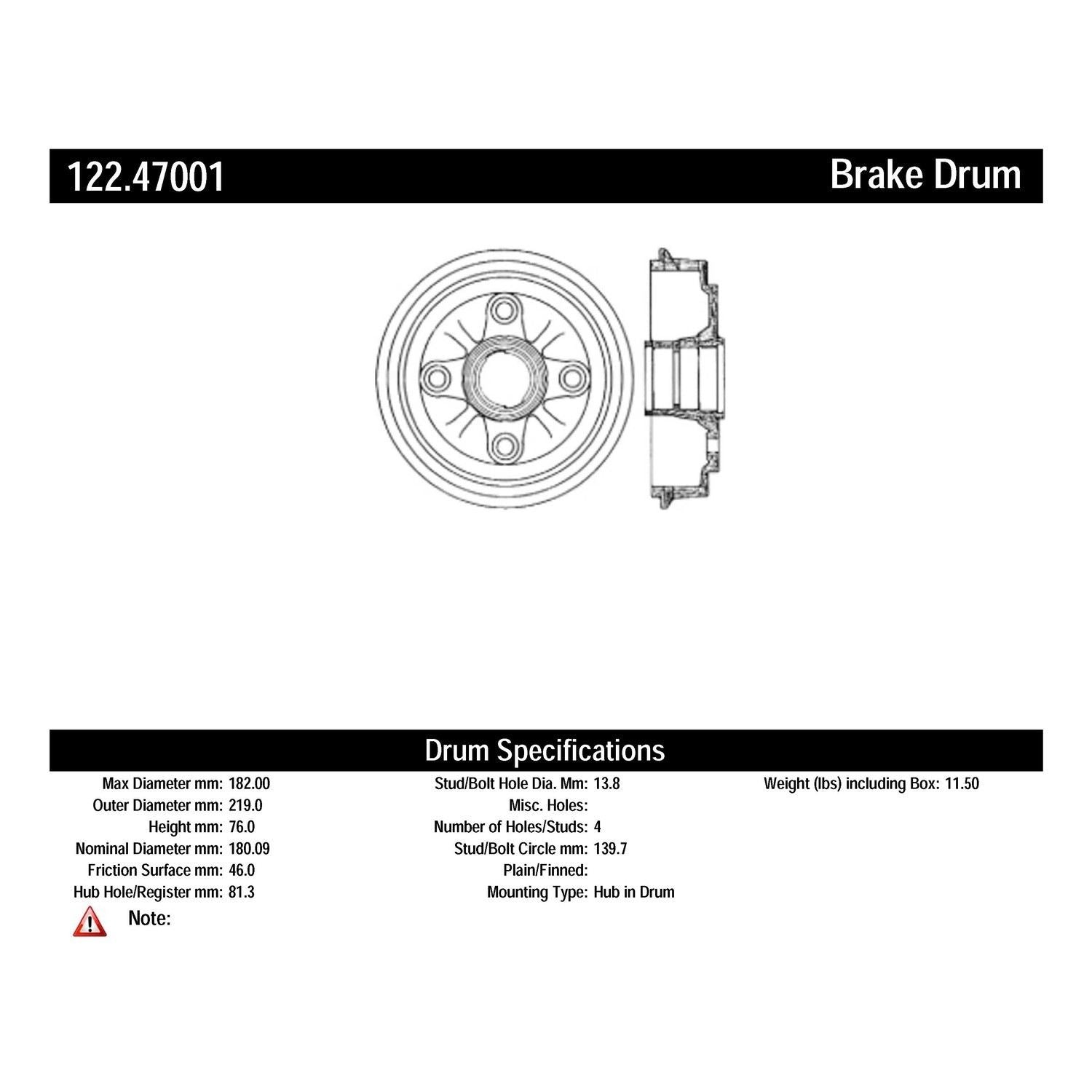 centric parts premium brake drum  frsport 122.47001