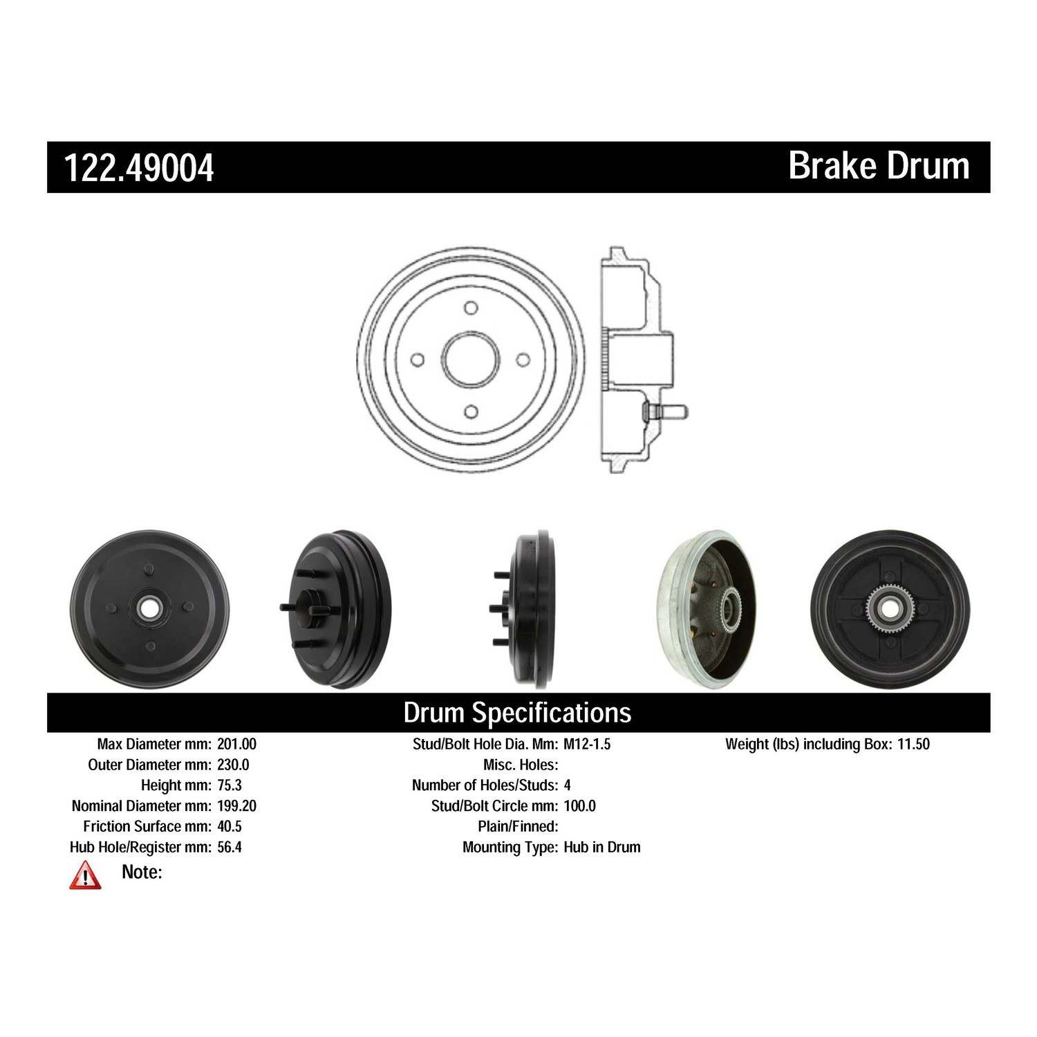 centric parts premium brake drum  frsport 122.49004