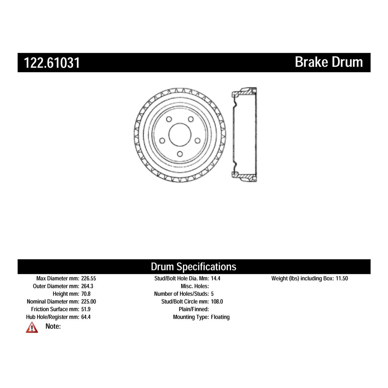 centric parts premium brake drum  frsport 122.61031