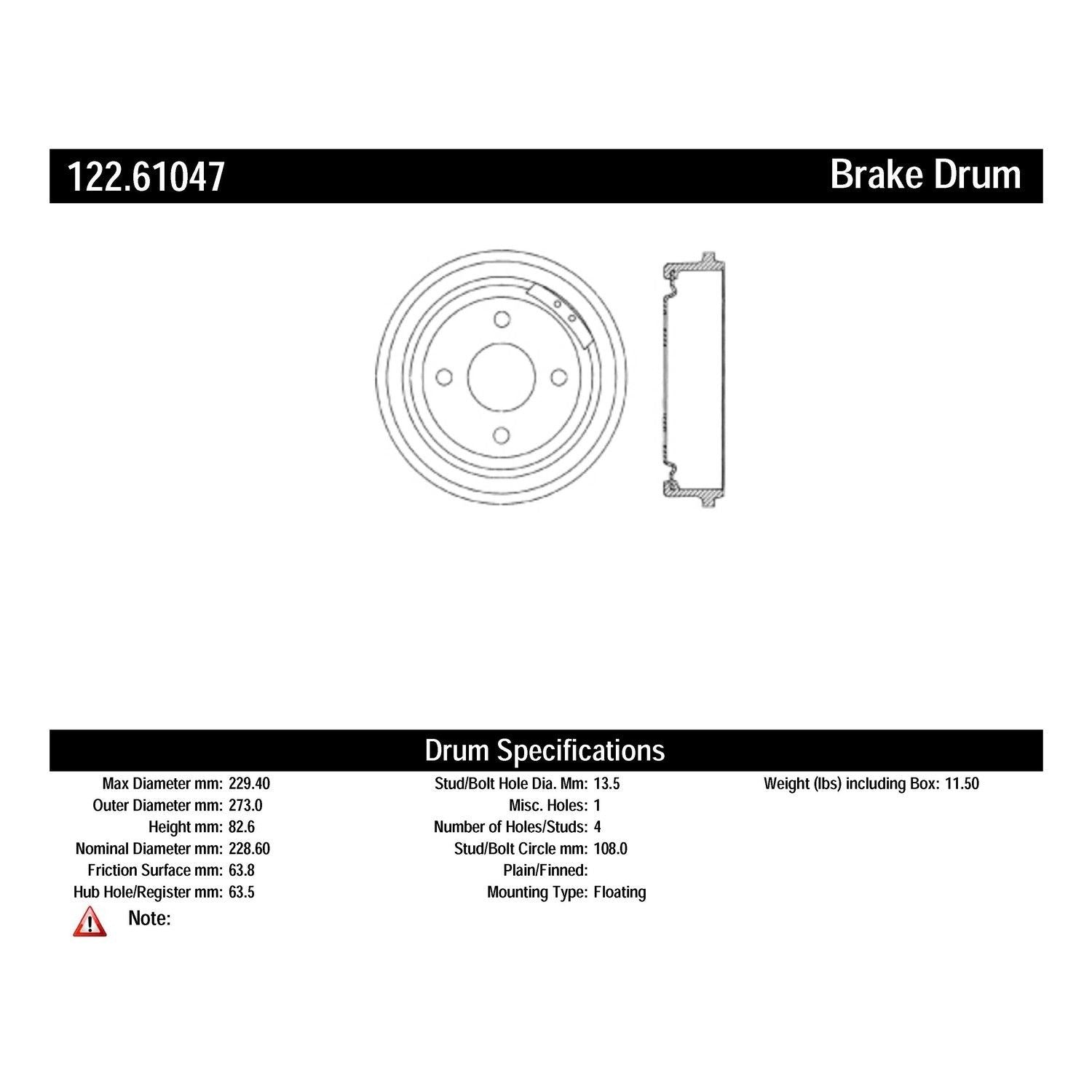 centric parts premium brake drum  frsport 122.61047