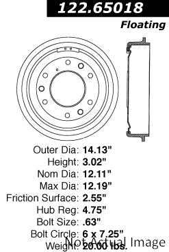 Stoptech Centric 56-76 Ford F-350/P-350/400 Front Premium Brake Drum 122.65018