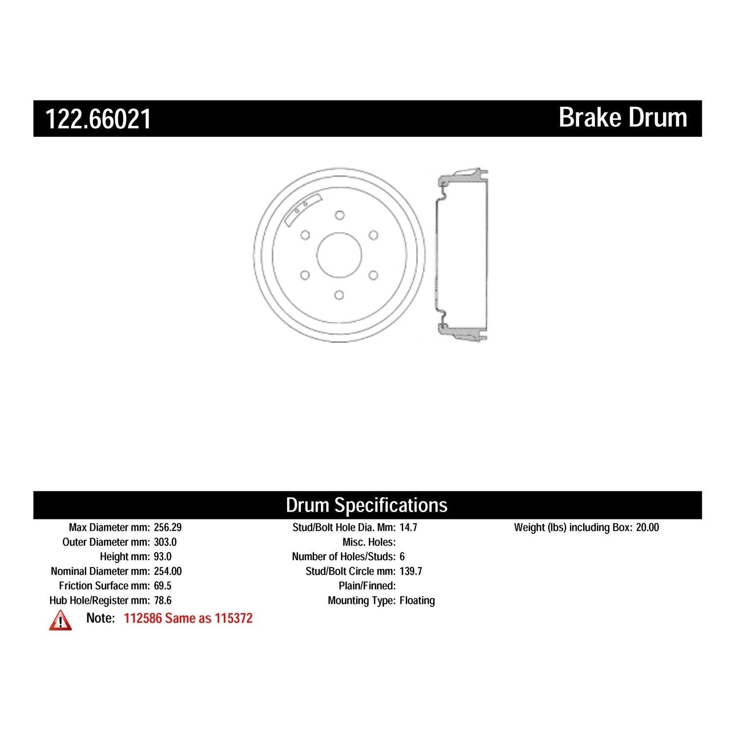 centric parts premium brake drum  frsport 122.66021