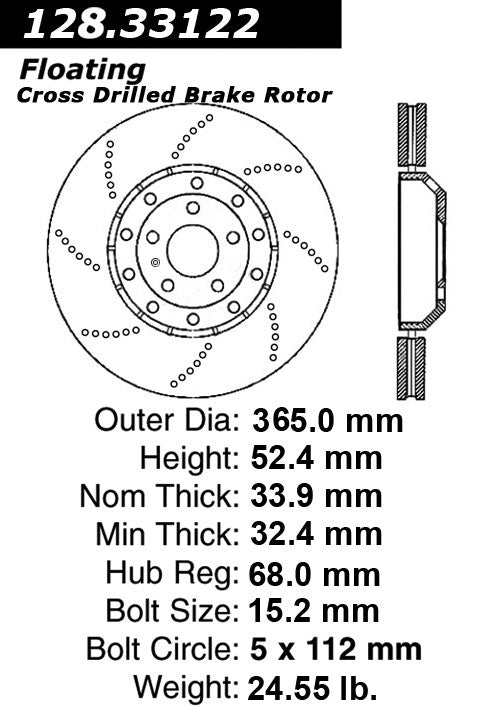 centric parts premium oe style drilled  brake rotor  frsport 128.33122