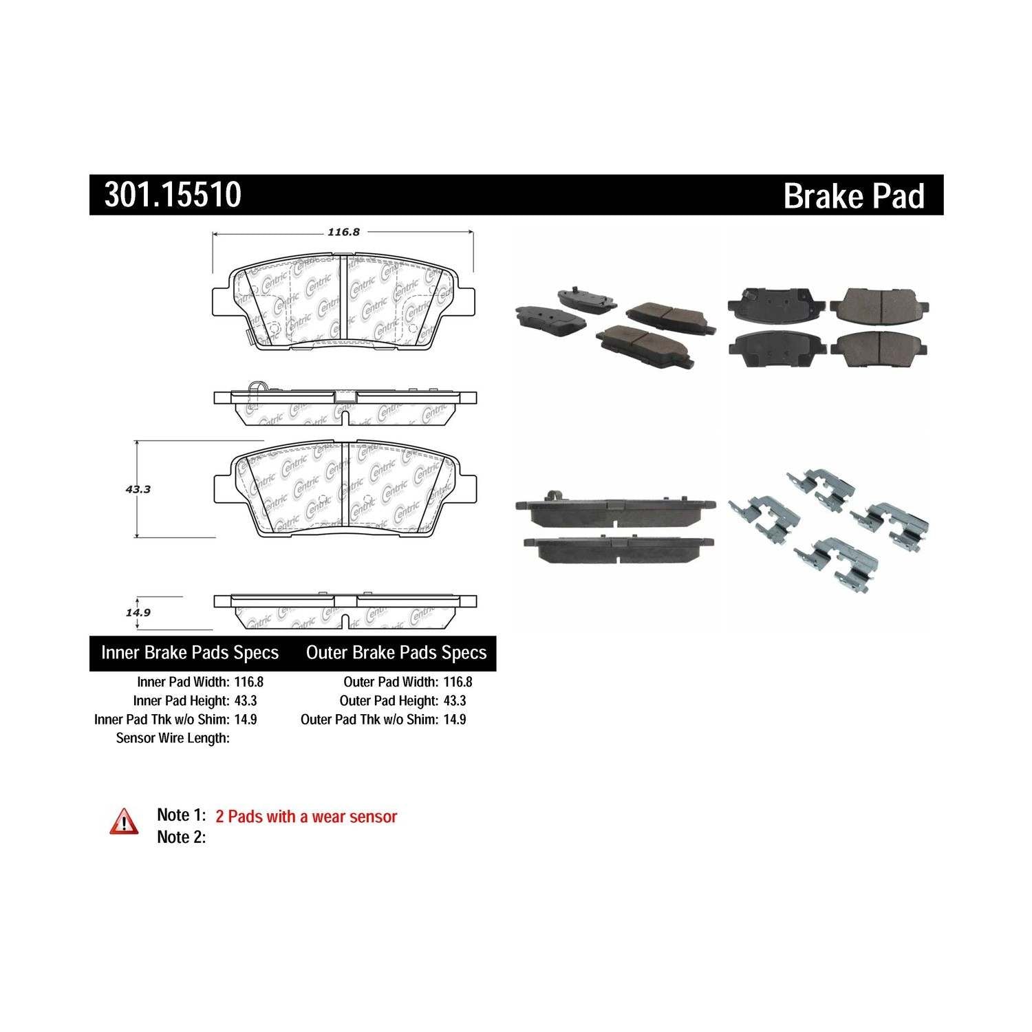 centric parts premium ceramic brake pads with shims and hardware  frsport 301.15510