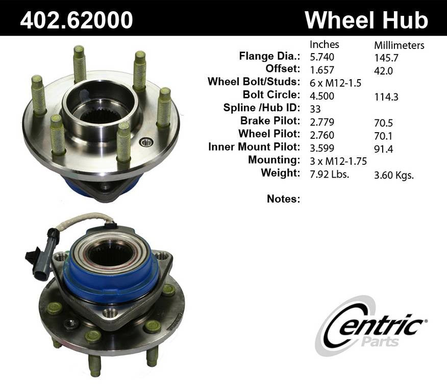 Centric Parts Premium Hub and Bearing Assembly  top view frsport 402.62000
