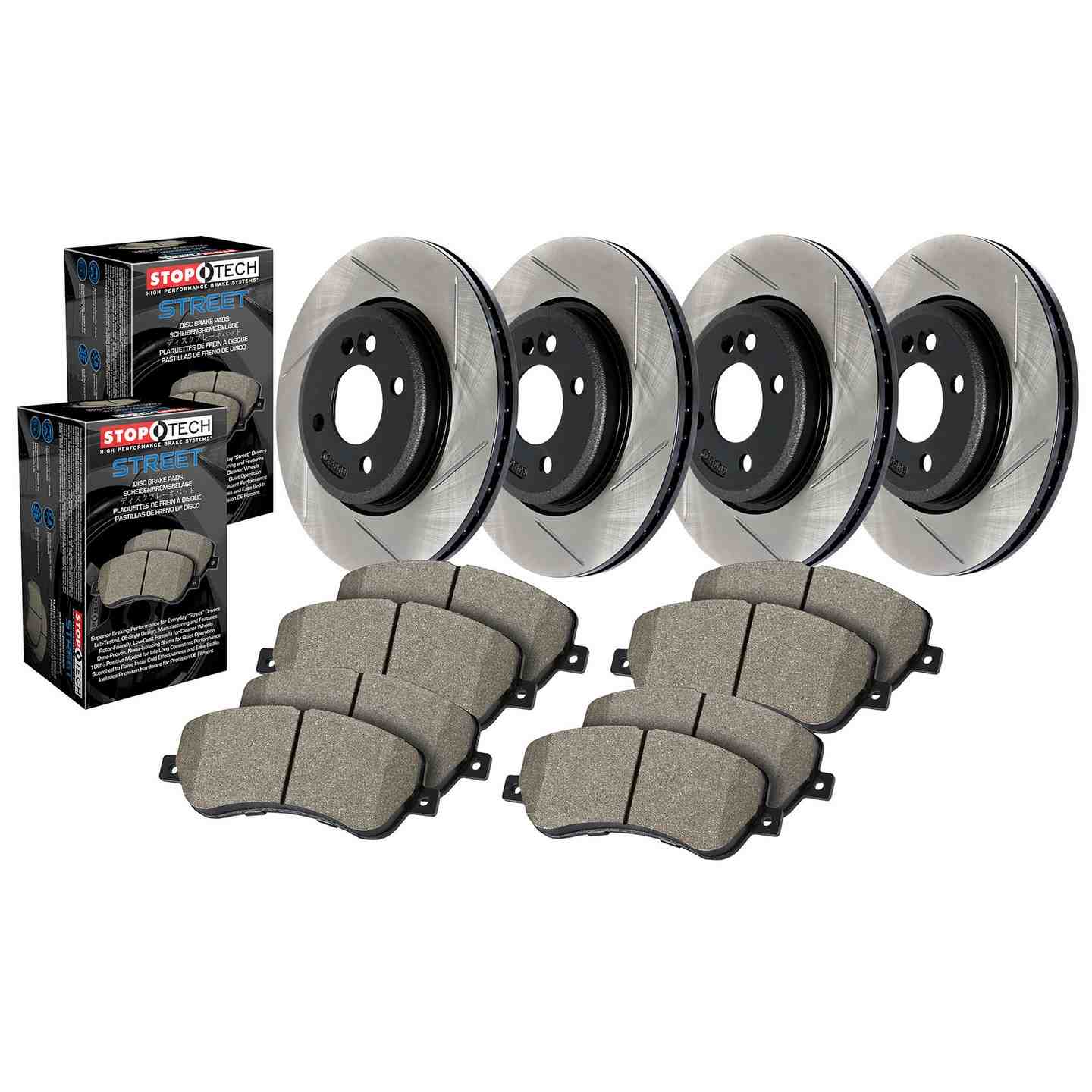 Stoptech 14-18 Cadillac CTS Street Brake Rotors & Pads Kit - Drilled and Slotted Axle Pack 934.62132