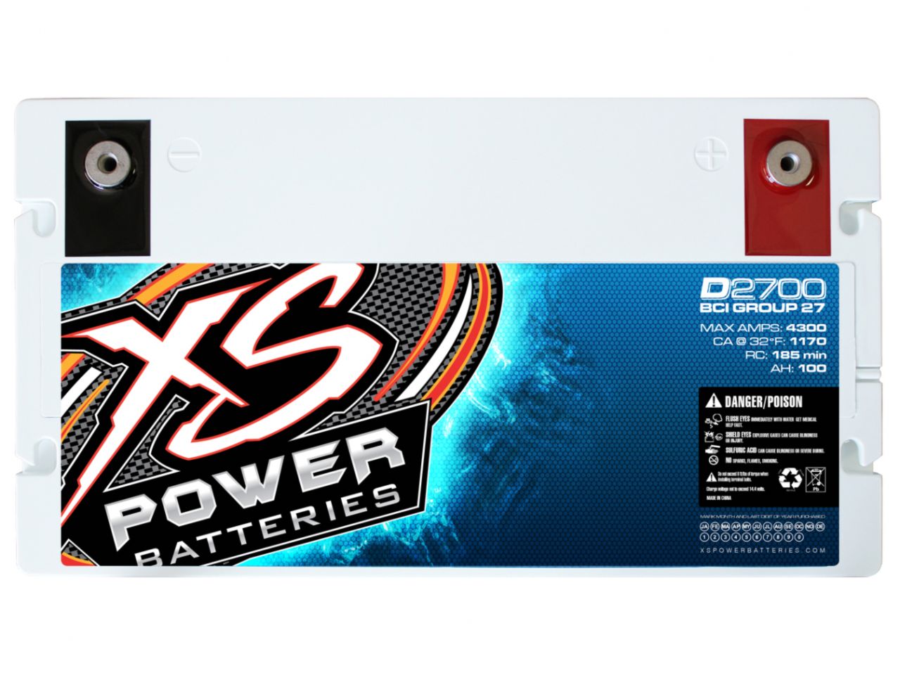 XS Power 12V BCI Group 27 AGM Battery, Max Amps 4,300A, CA: 1170, Ah: 100