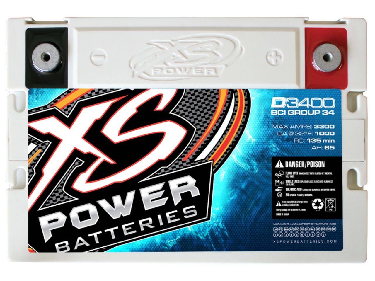 XS Power 12V BCI Group 34 AGM Battery, Max Amps 3300A, CA: 1000 Ah: 65