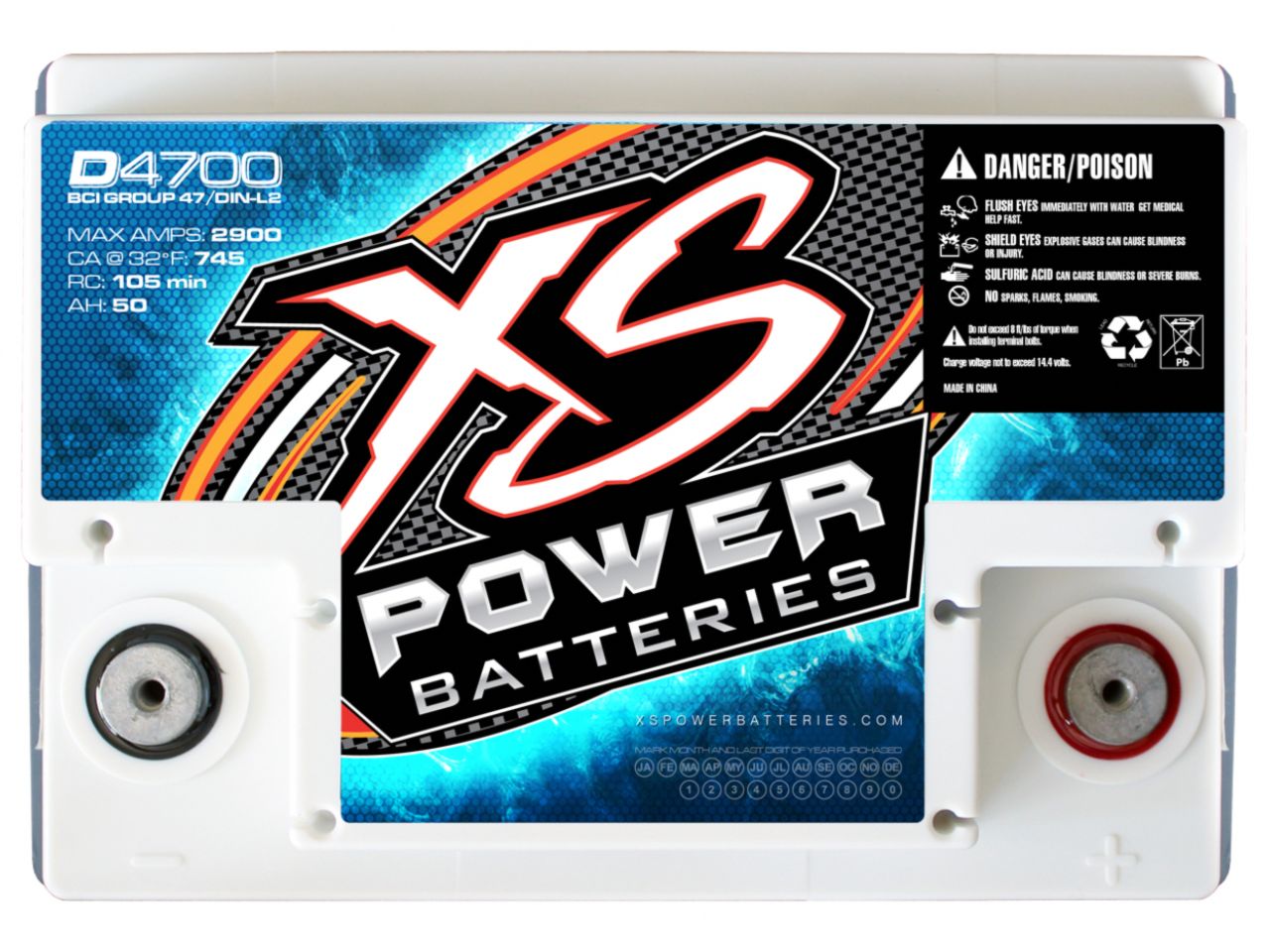 XS Power 12V BCI Group 47 AGM Battery, Max Amps 2,900A, CA: 745, Ah: 50