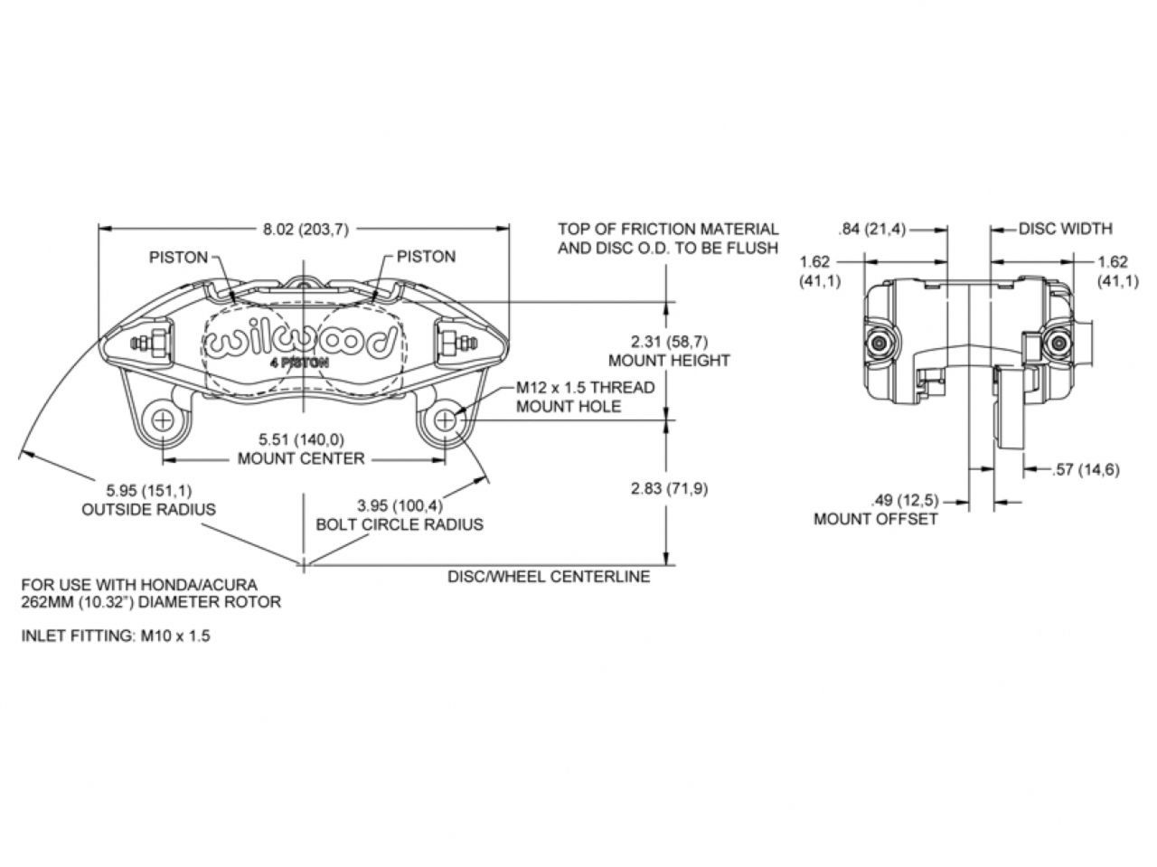 Wilwood Forged DPHA Caliper, 4 Piston, Black Powder for Honda/Acura