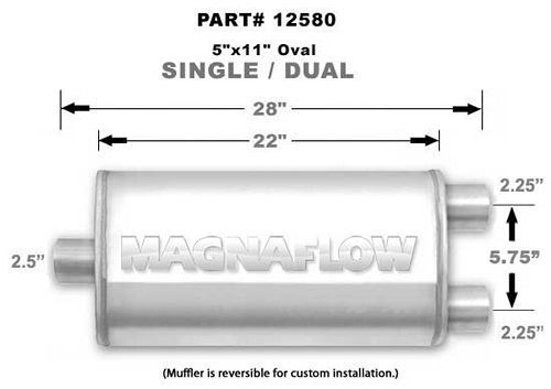 MagnaFlow Exhaust Products Stainless Muffler Single 2.5in In Dual 2.25in Out MAG12580