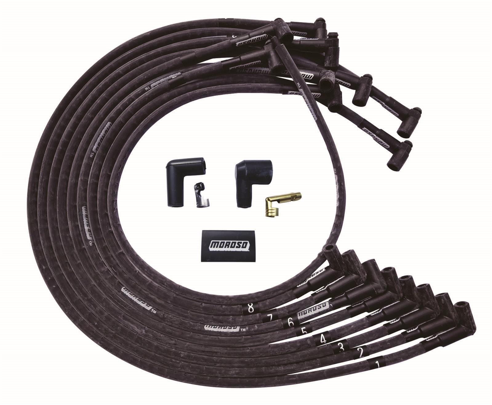 Moroso BBC Under Header 90 Deg Plug End HEI Sleeved Ultra Spark Plug Wire Set - Black 51543