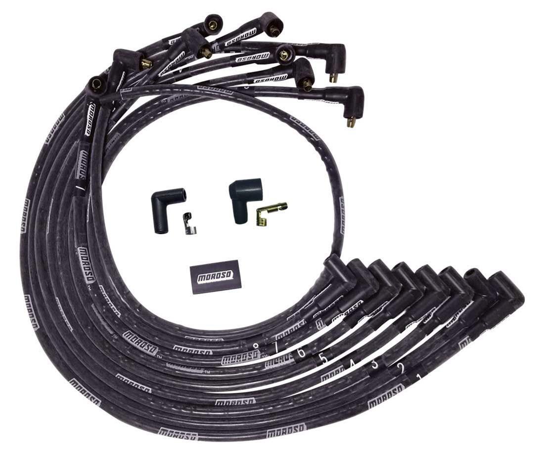 Moroso BBC Under Header 90 Deg Plug End Non-HEI Sleeved Ultra Spark Plug Wire Set - Black 51544