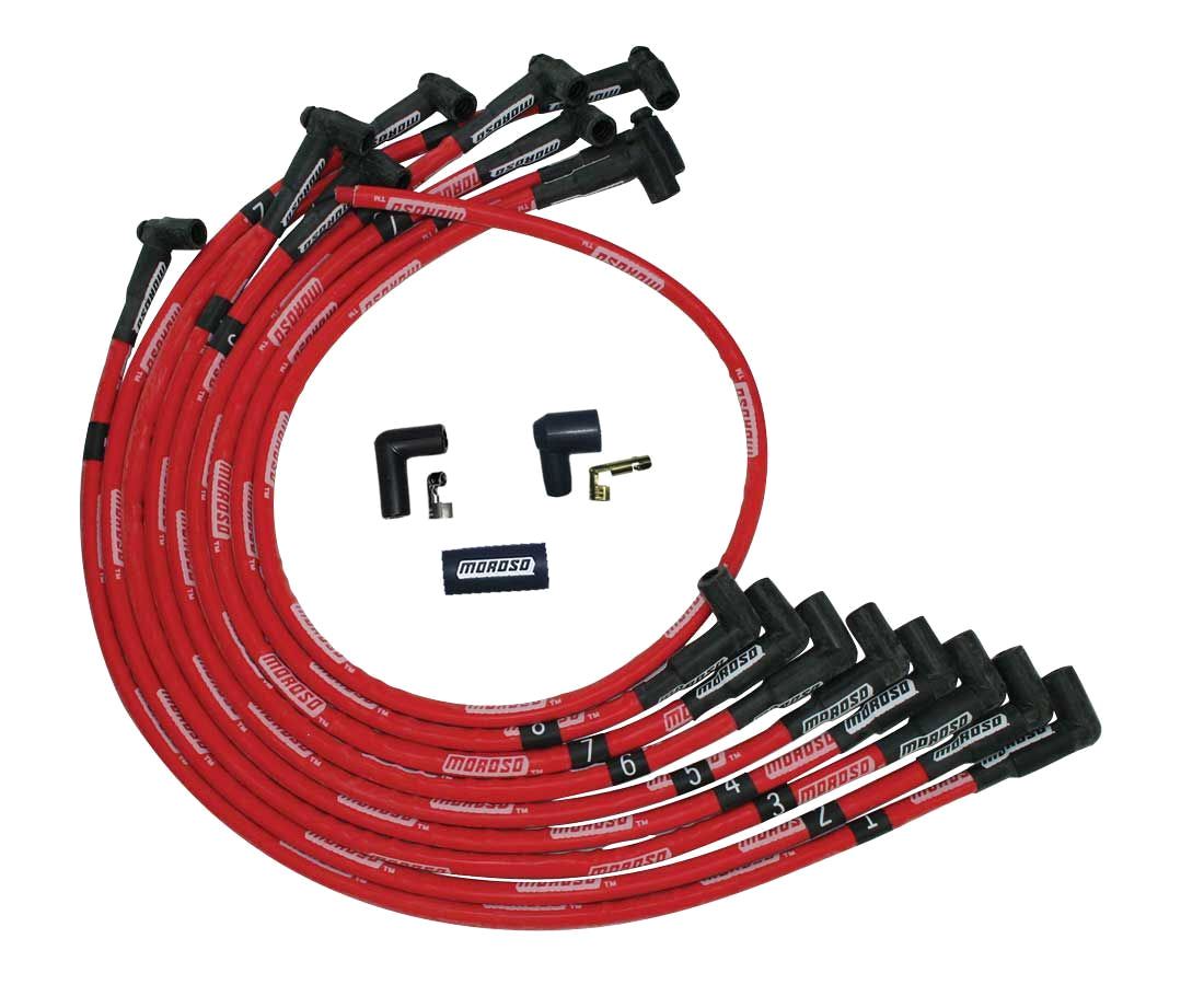 Moroso SBC Over Valve Cover 90 Deg Plug HEI Sleeved Ultra Spark Plug Wire Set - Red 52525