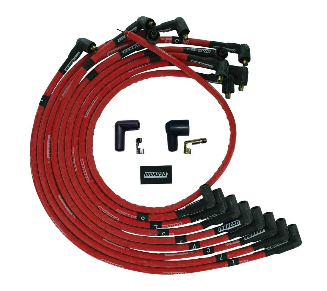 Moroso SBC Over Valve Cover 90Deg Plug Non-HEI Sleeved Ultra Spark Plug Wire Set - Red 52526