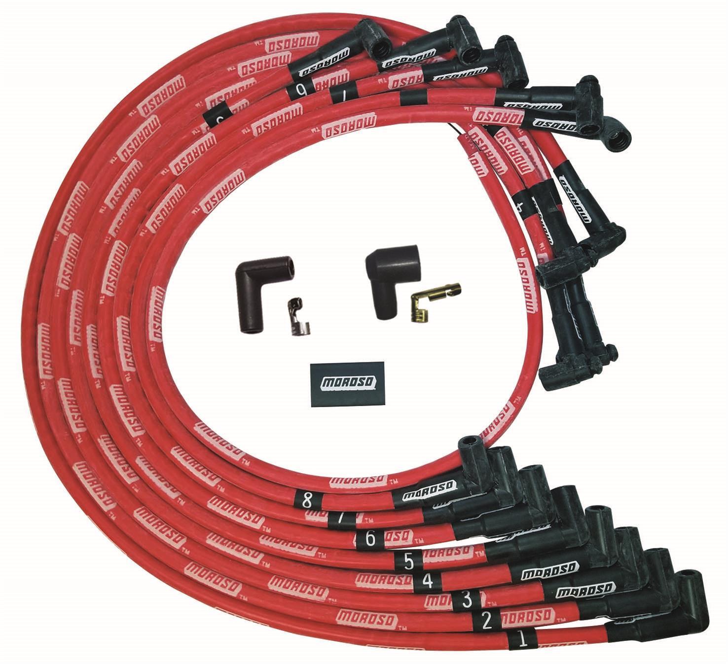 Moroso SBC Under Header Sleeved HEI 90 Degree Boots Ultra Spark Plug Wire Set - Red 52528