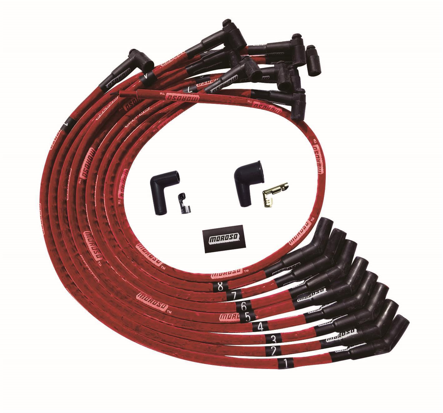 Moroso BBC Over Valve Cover 135 Deg Plug Boot HEI Sleeved Ultra Spark Plug Wire Set - Red 52542