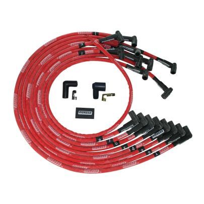 Moroso BBC Under Header 90 Deg Plug Boots HEI Sleeved Ultra Spark Plug Wire Set - Red 52543