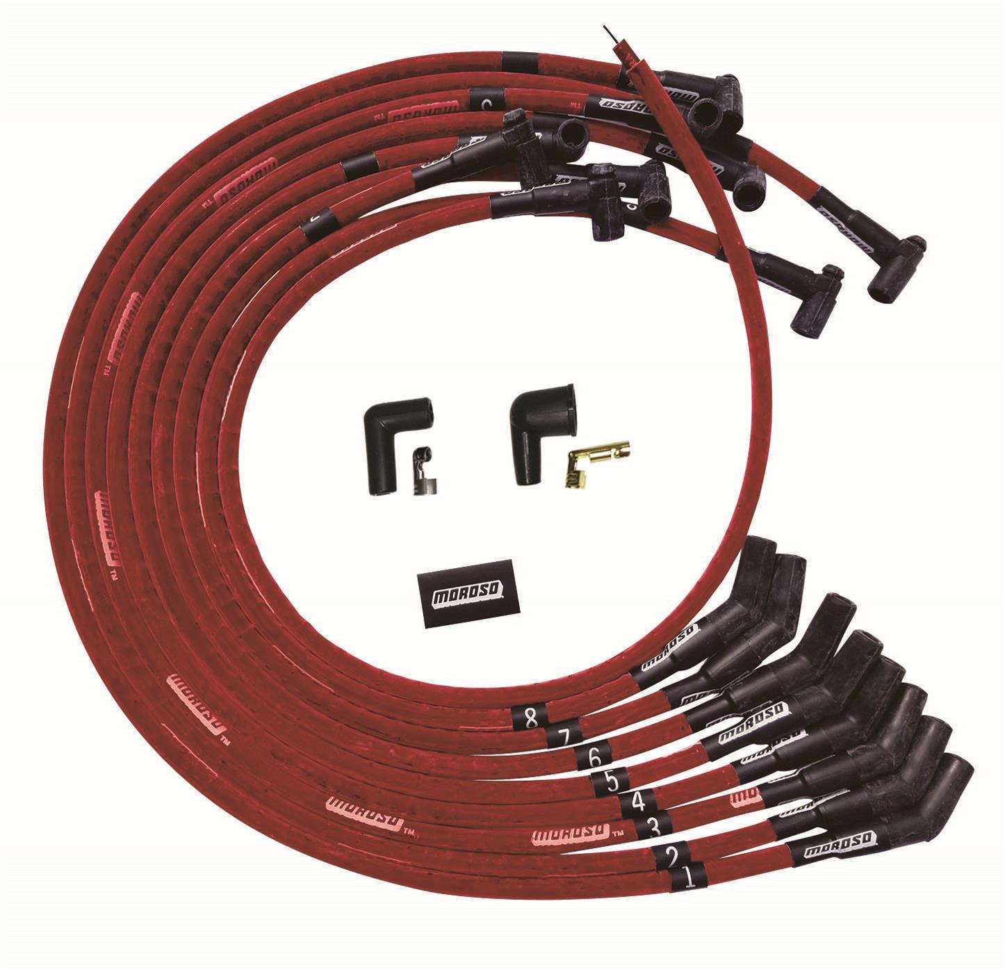 Moroso BBC Under Header 135 Deg Plug Boot HEI Sleeved Ultra Spark Plug Wire Set - Red 52545