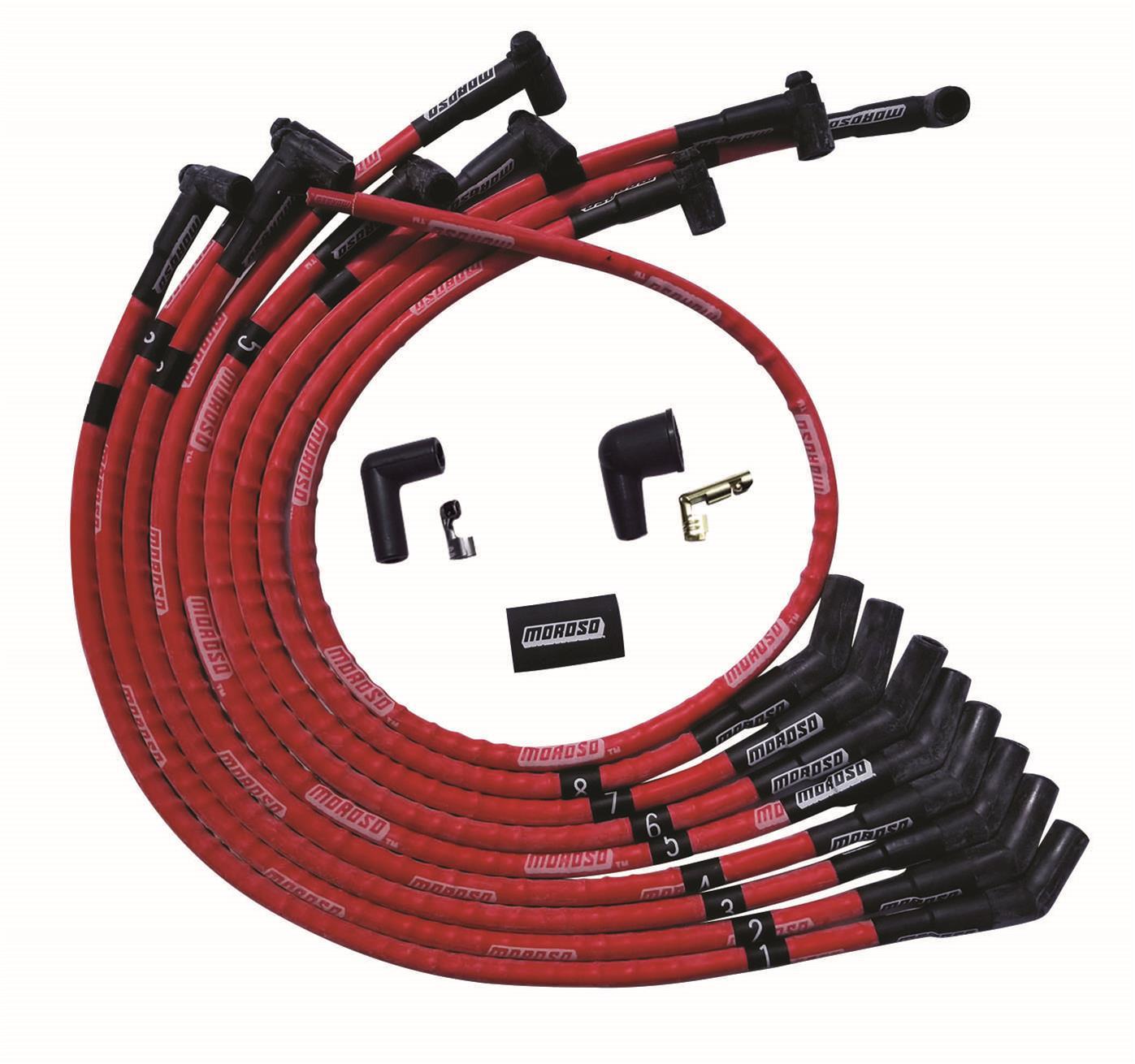 Moroso SB Ford 260/289/302 135 Deg Plug Boots HEI Sleeved Ultra Spark Plug Wire Set - Red 52570