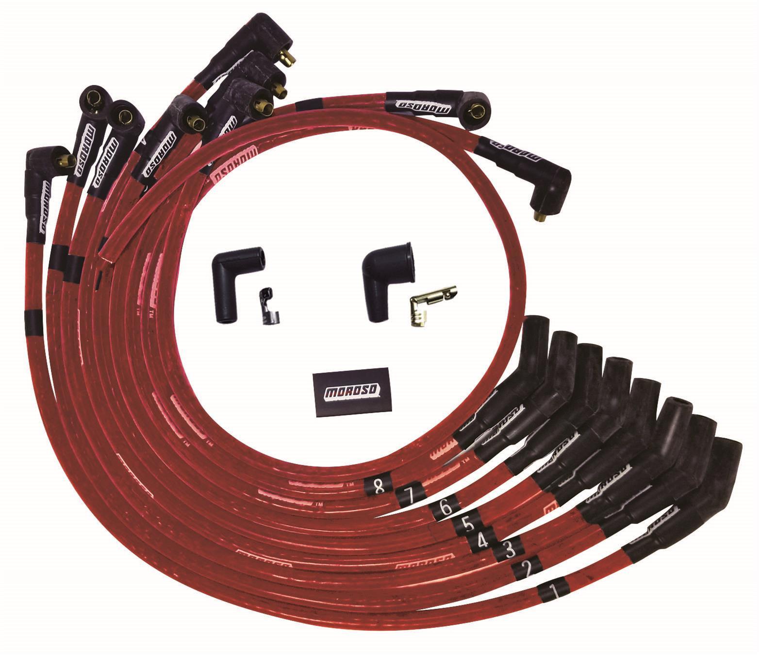 Moroso SB Ford 260/289/302 135 Deg Plug Boots Non-HEI Sleeved Ultra Spark Plug Wire Set - Red 52571