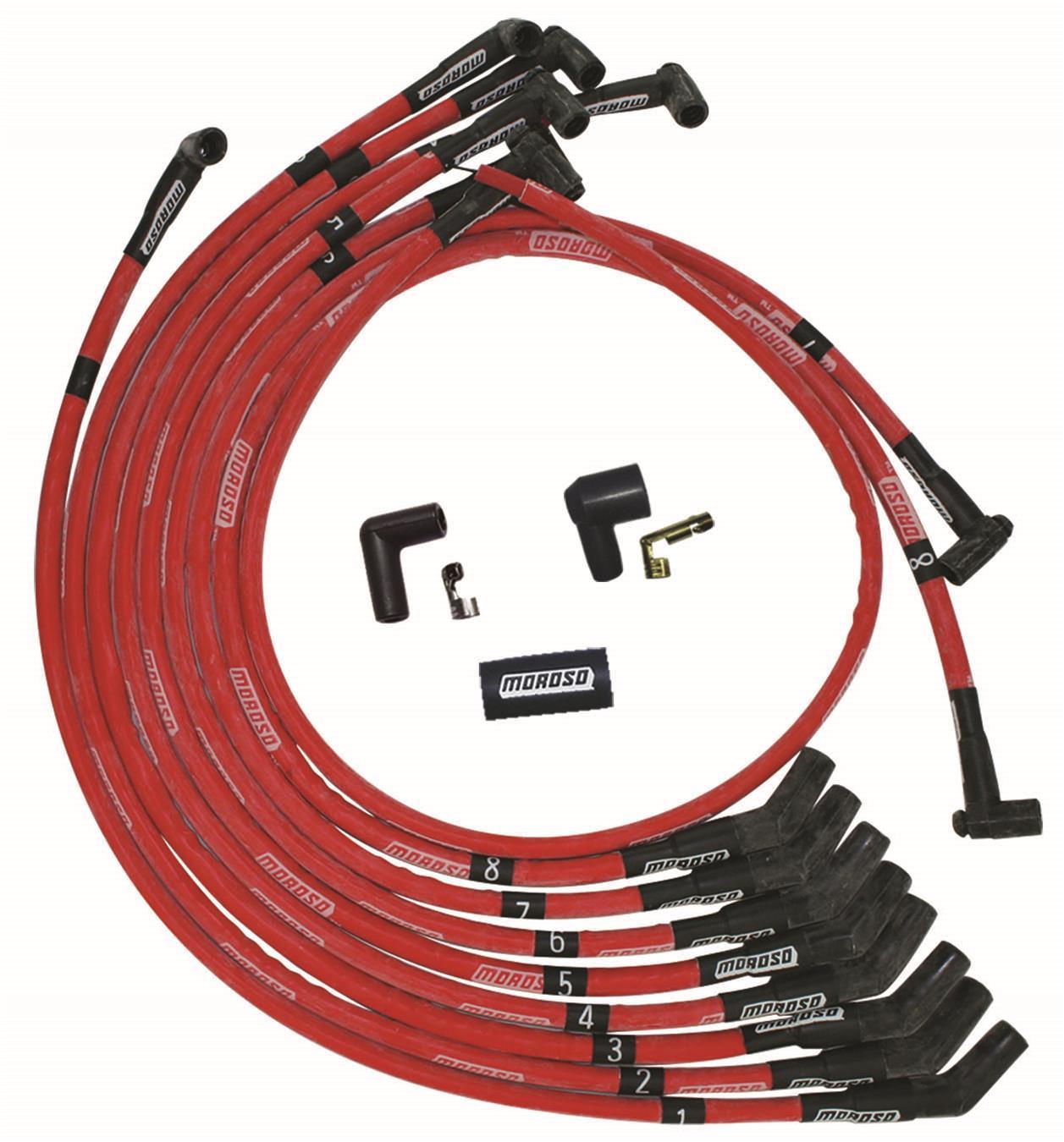 Moroso SB Ford 351W 135 Deg Plug Boots HEI Sleeved Ultra Spark Plug Wire Set - Red 52572