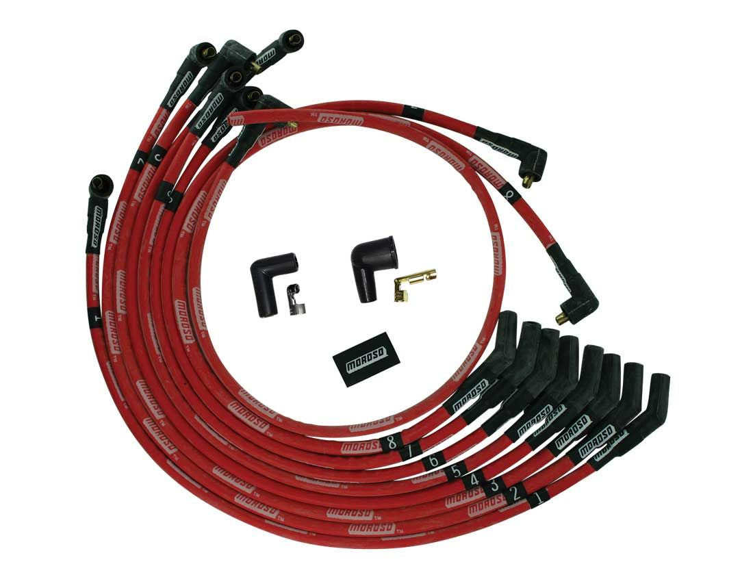 Moroso SB Ford 351W 135 Deg Plug Boots Non-HEI Sleeved Ultra Spark Plug Wire Set - Red 52573