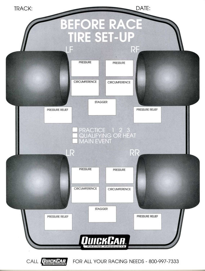 Quickcar Racing Products Before Race Tire Set-Up Forms (50 PK) QRP51-210